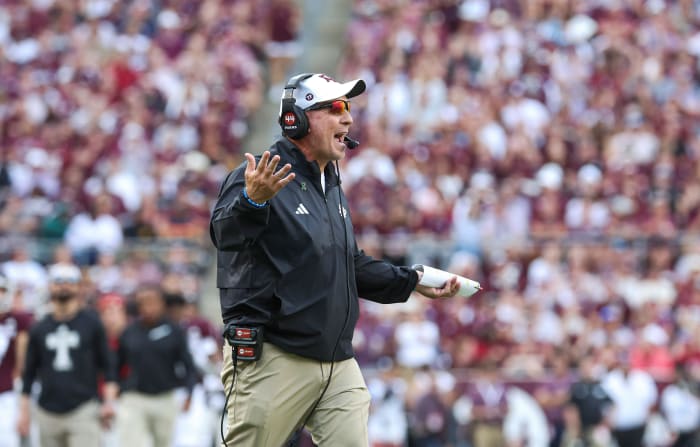 Texas A&M Aggies head coach Jimbo Fisher reacts after a play during the fourth quarter against the Alabama Crimson Tide at Kyle Field.